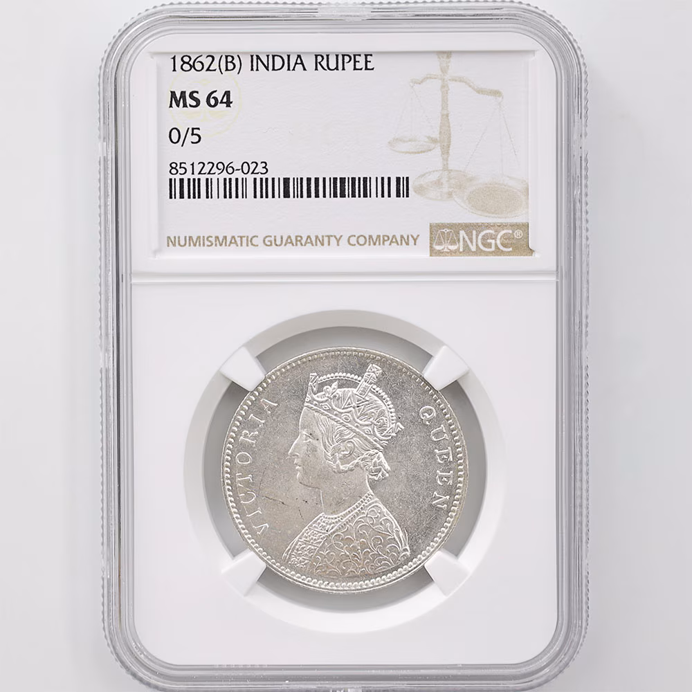 1862(B) India Queen Victoria 1 Rupee 11.66 Grams Silver Coin NGC MS 64