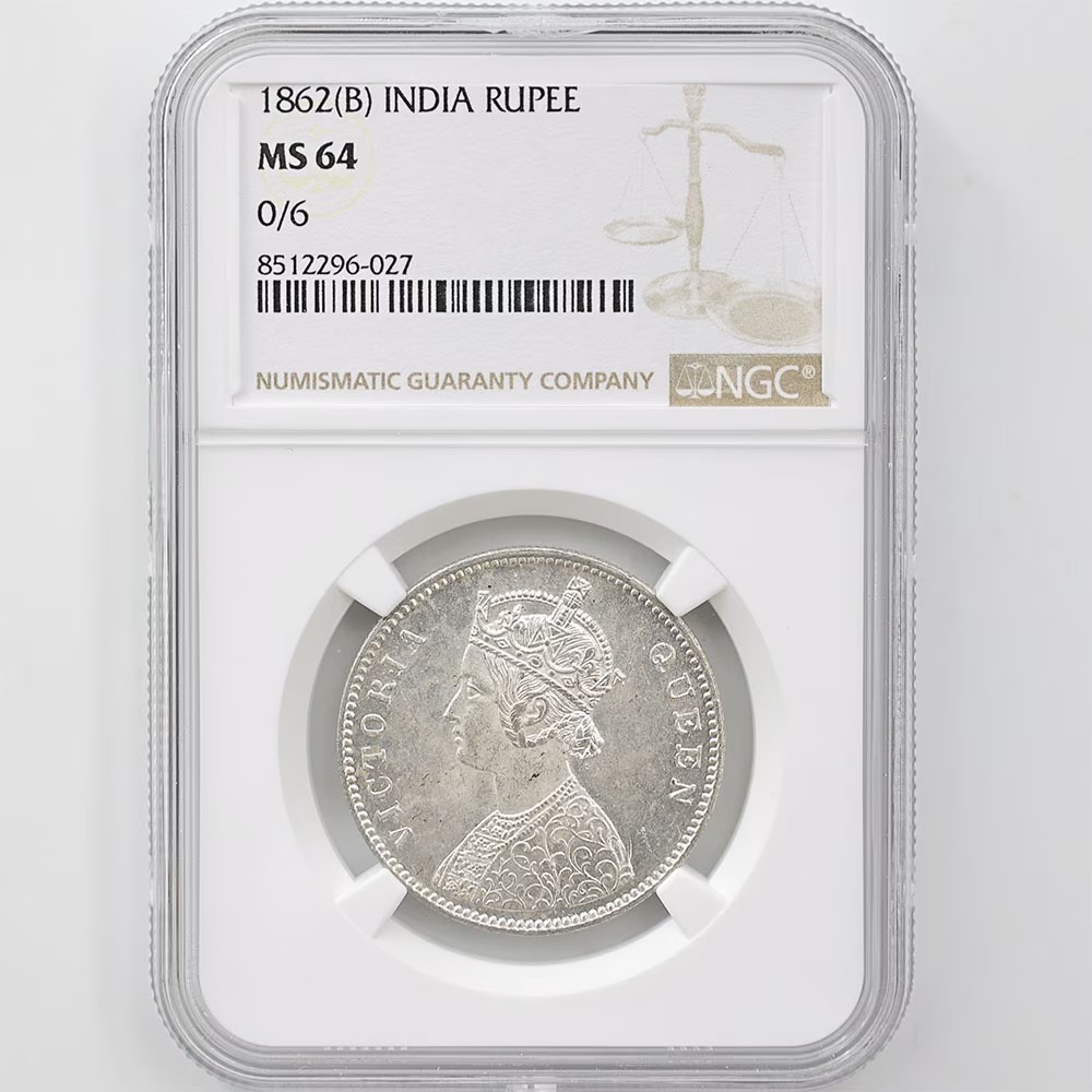 1862(B) India Queen Victoria 1 Rupee 11.66 Grams Silver Coin NGC MS 64