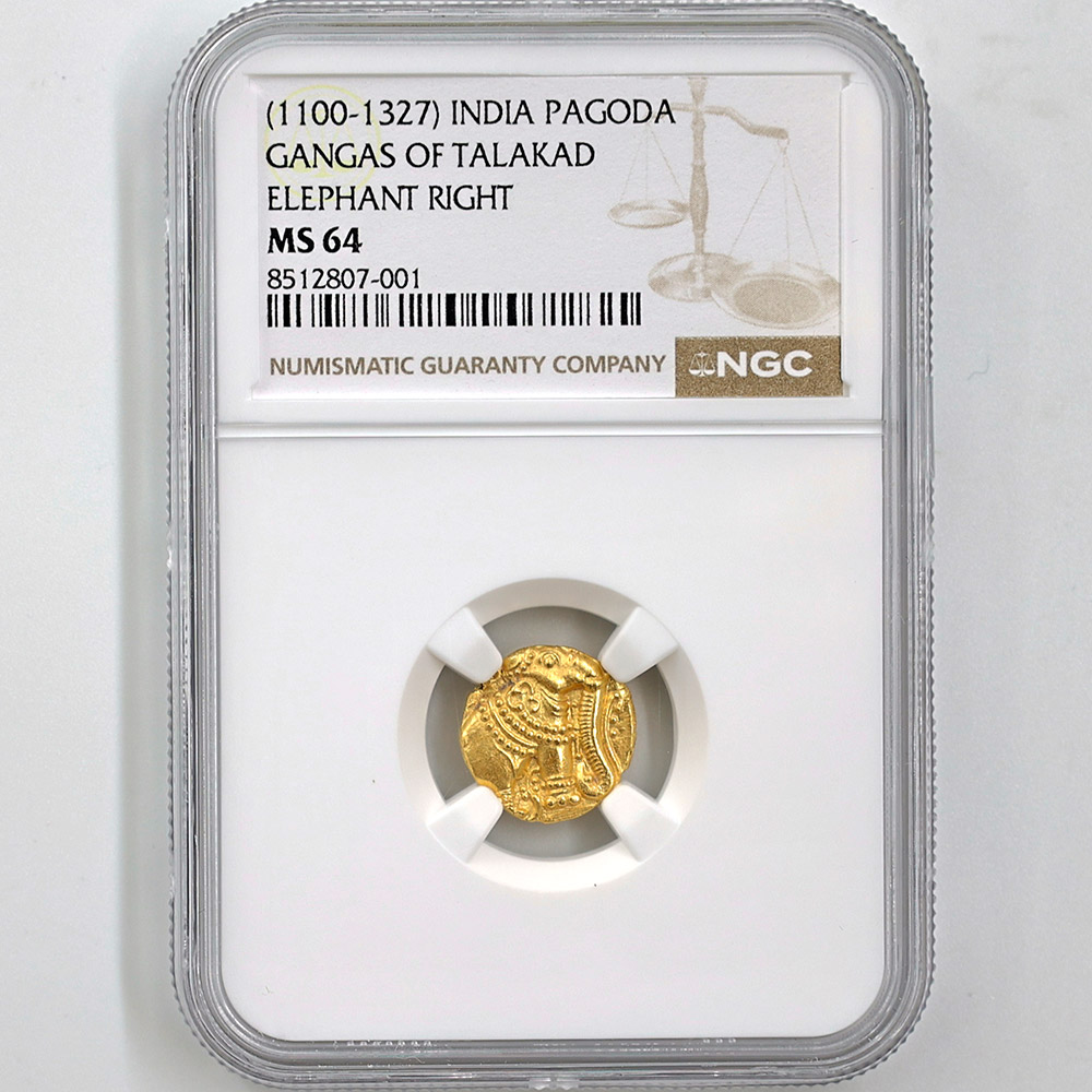 1100-1327 India Gangas of Talakad Elephant Right 1 Pagoda Gold Coin NGC MS 64