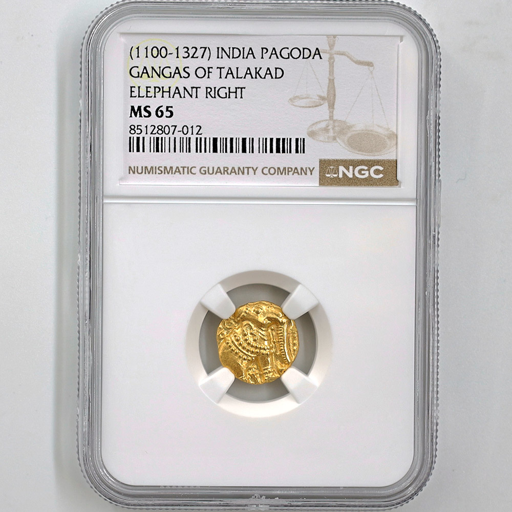 1100-1327 India Gangas of Talakad Elephant Right 1 Pagoda Gold Coin NGC MS 65