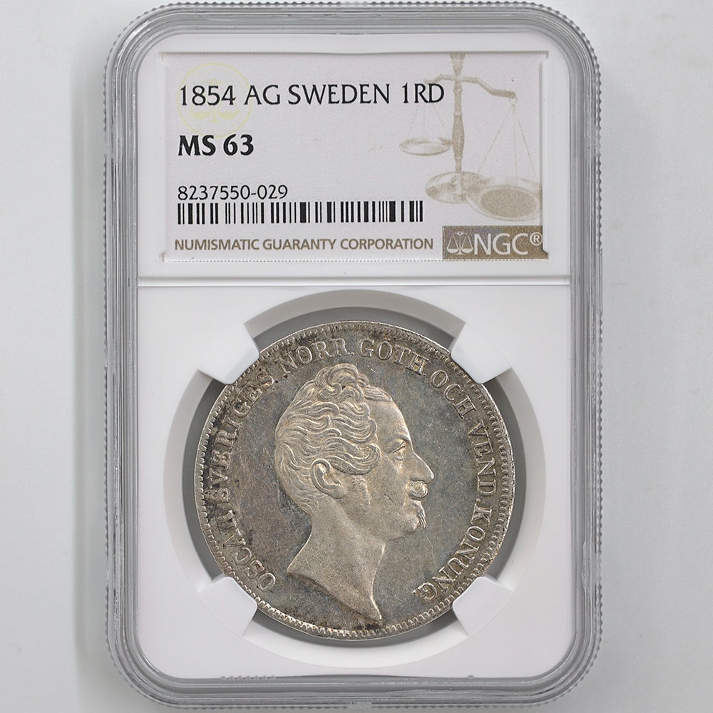 1854 Sweden 1 Riksdaler Silver Coin NGC MS 63