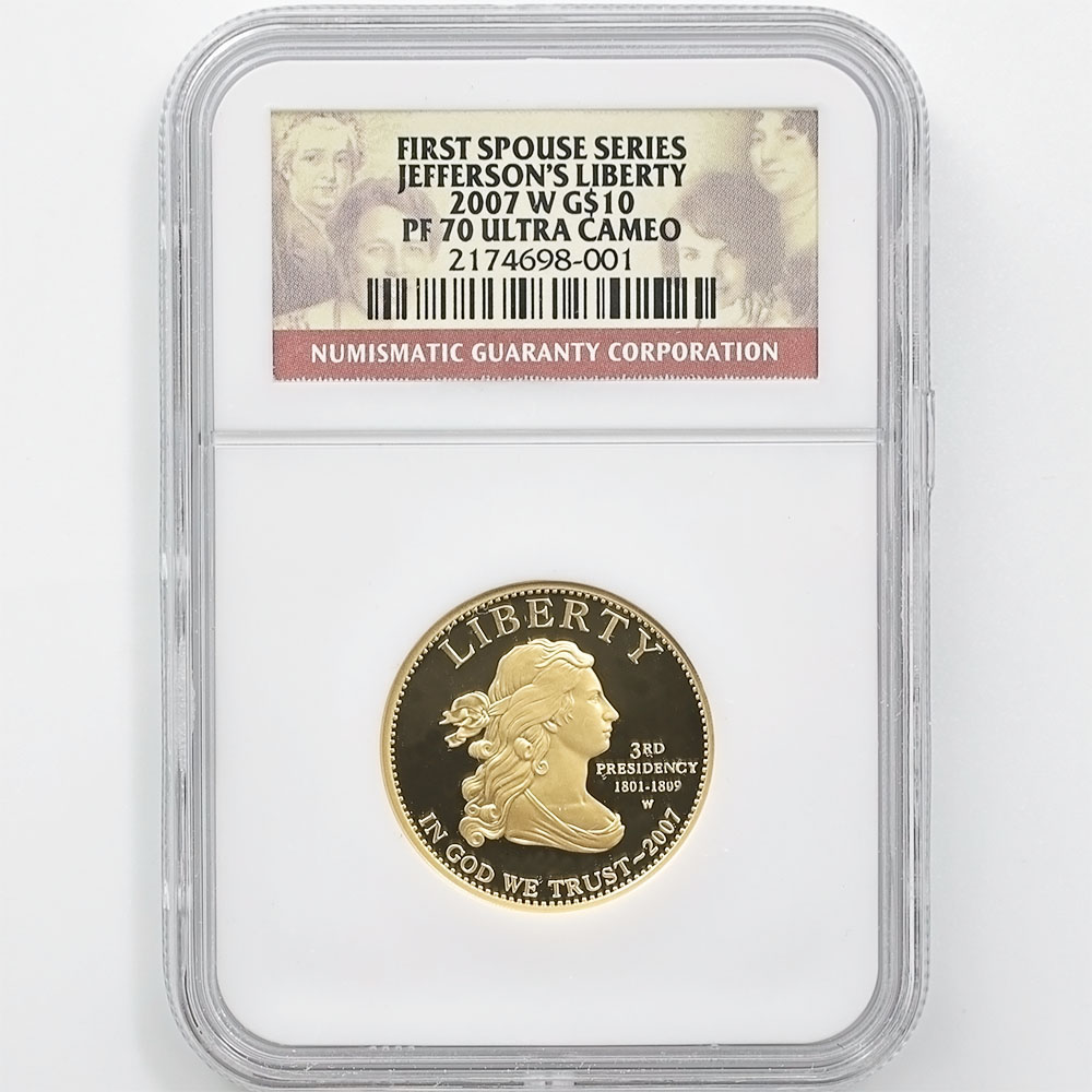 2007 the United States First Spouse Series Jefferson's Liberty 10 Dollars 1/2 oz Gold Proof Coin NGC PF 70 UC